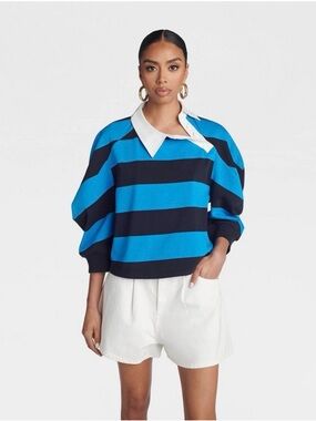 KBB by Kahlana Striped Balloon-Sleeve Rugby Sweater in Blue and Navy